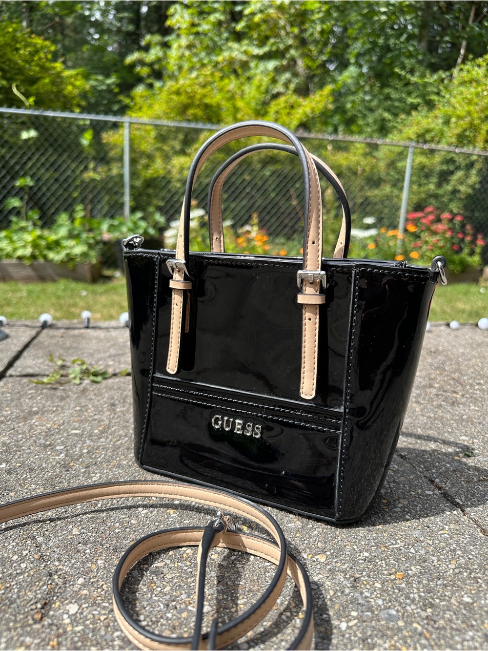 GUESS Delaney Black Patent Mini Tote Crossbody Bag Tan Strap - Picture 6 of 6